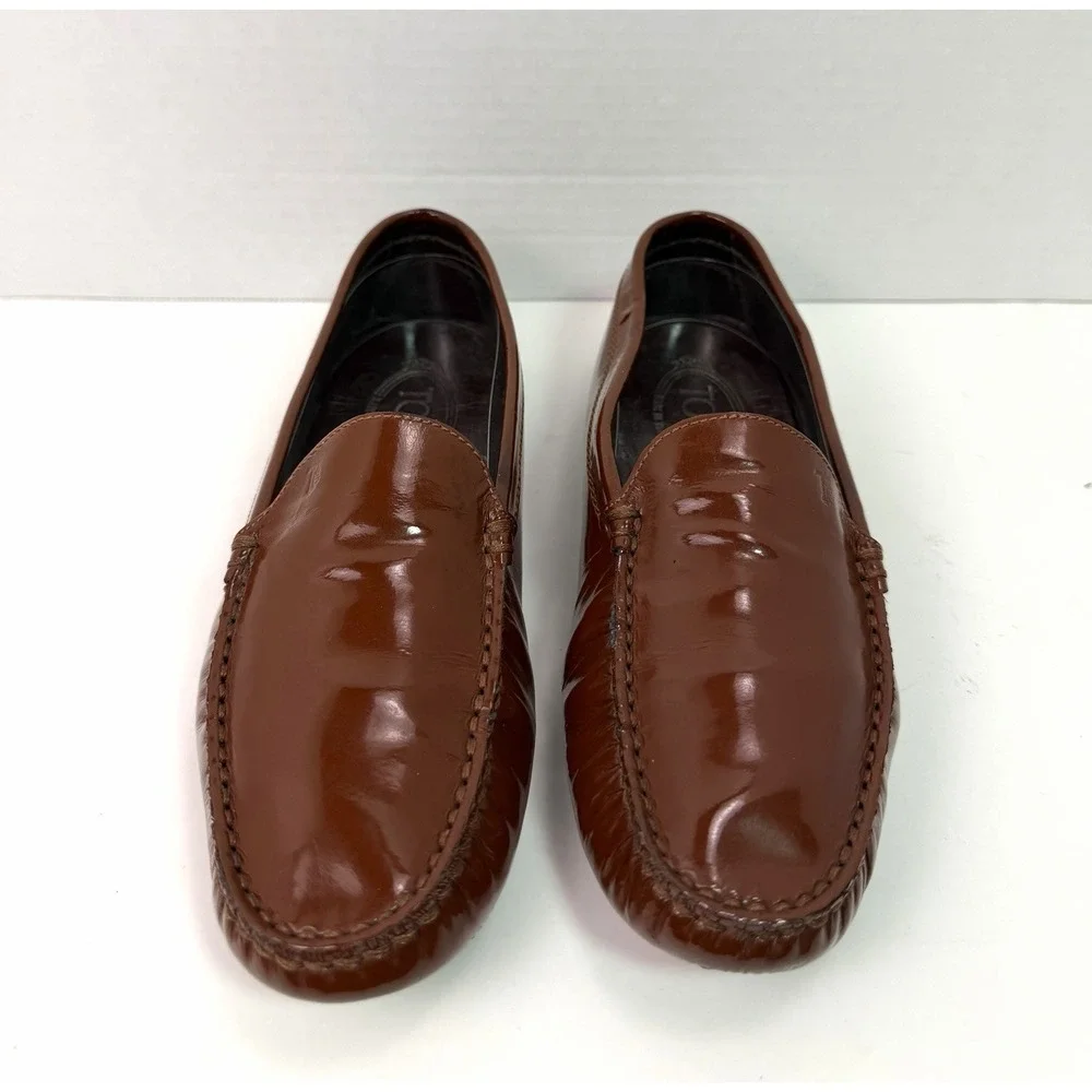 TOD'S Patent Leather Driving Loafers Brown Slip On Women's Size 6.5 Luxury Italy
